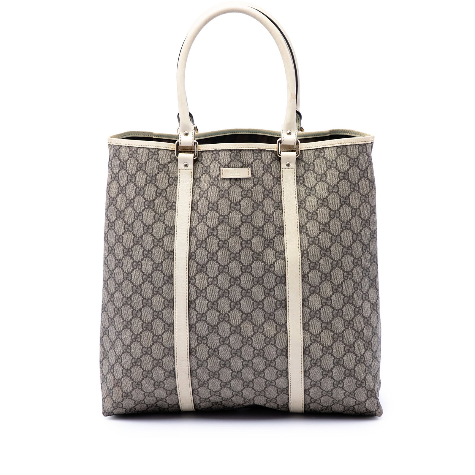 Gucci GG Supreme Joy Vertical Tote Beige Coated Canvas Bag: Gucci GG Supreme Joy Vertical Tote Beige Coated Canvas Bag Gucci GG Supreme Joy Vertical Tote in beige with a coated canvas body and leather trim. This tote features rolled leather handles, an open to