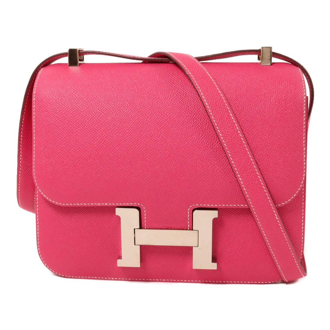 Hermes Constance 24 Epsom Calfskin Shoulder Bag Rose Tyrien PHW: Hermes Constance 24 Epsom Calfskin Shoulder Bag Rose Tyrien PHW Hermes Constance 24 shoulder bag in Rose Tyrien Veau Epsom leather with palladium-tone hardware. This women's shoulder bag features a fl
