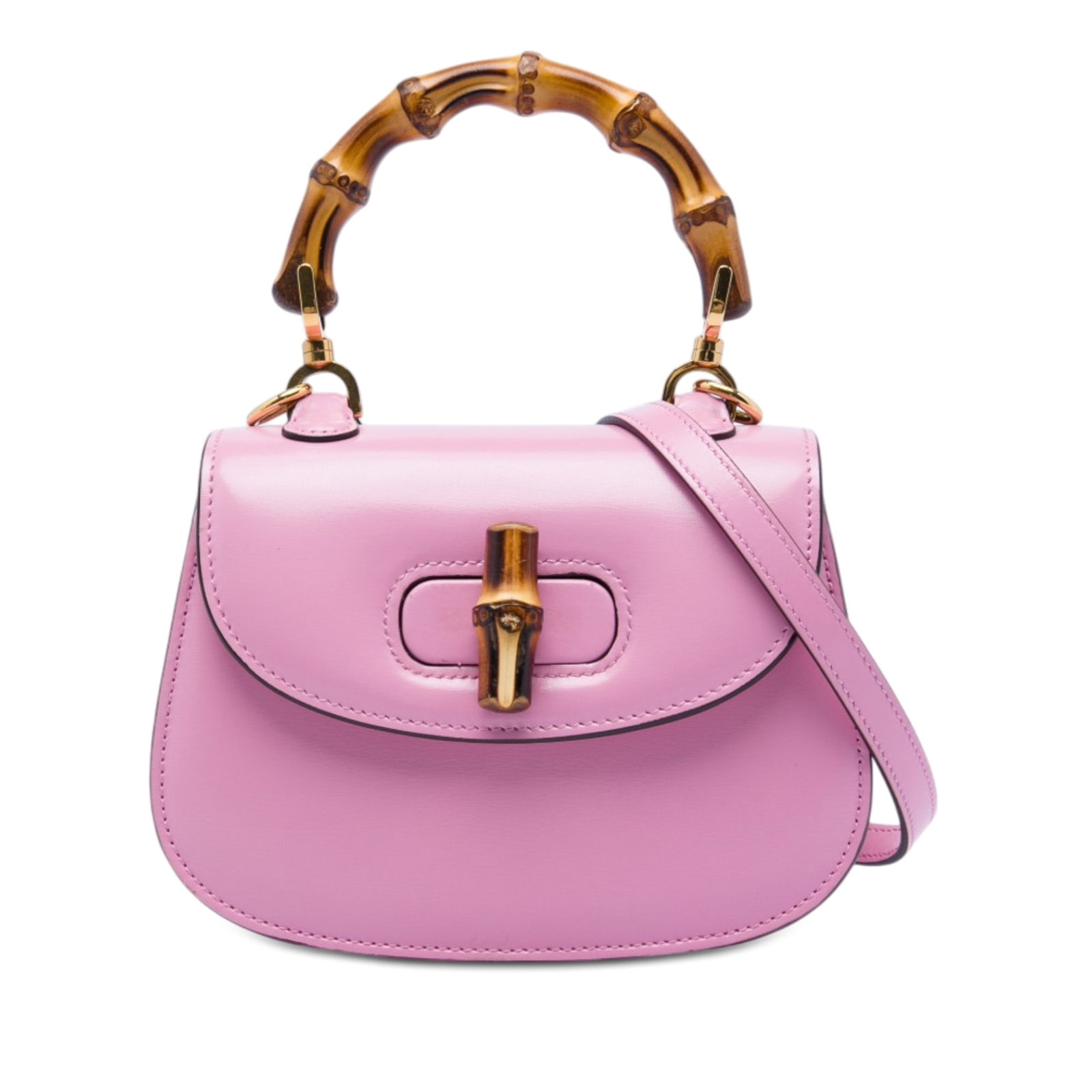 Gucci 1947 Bamboo Mini Top Handle Satchel in Pink Calfskin: Gucci 1947 Bamboo Mini Top Handle Satchel in Pink Calfskin Gucci Mini Calfskin Web 1947 Bamboo Top Handle Bag in pink leather with a bamboo top handle, detachable flat leather and web canvas straps, a