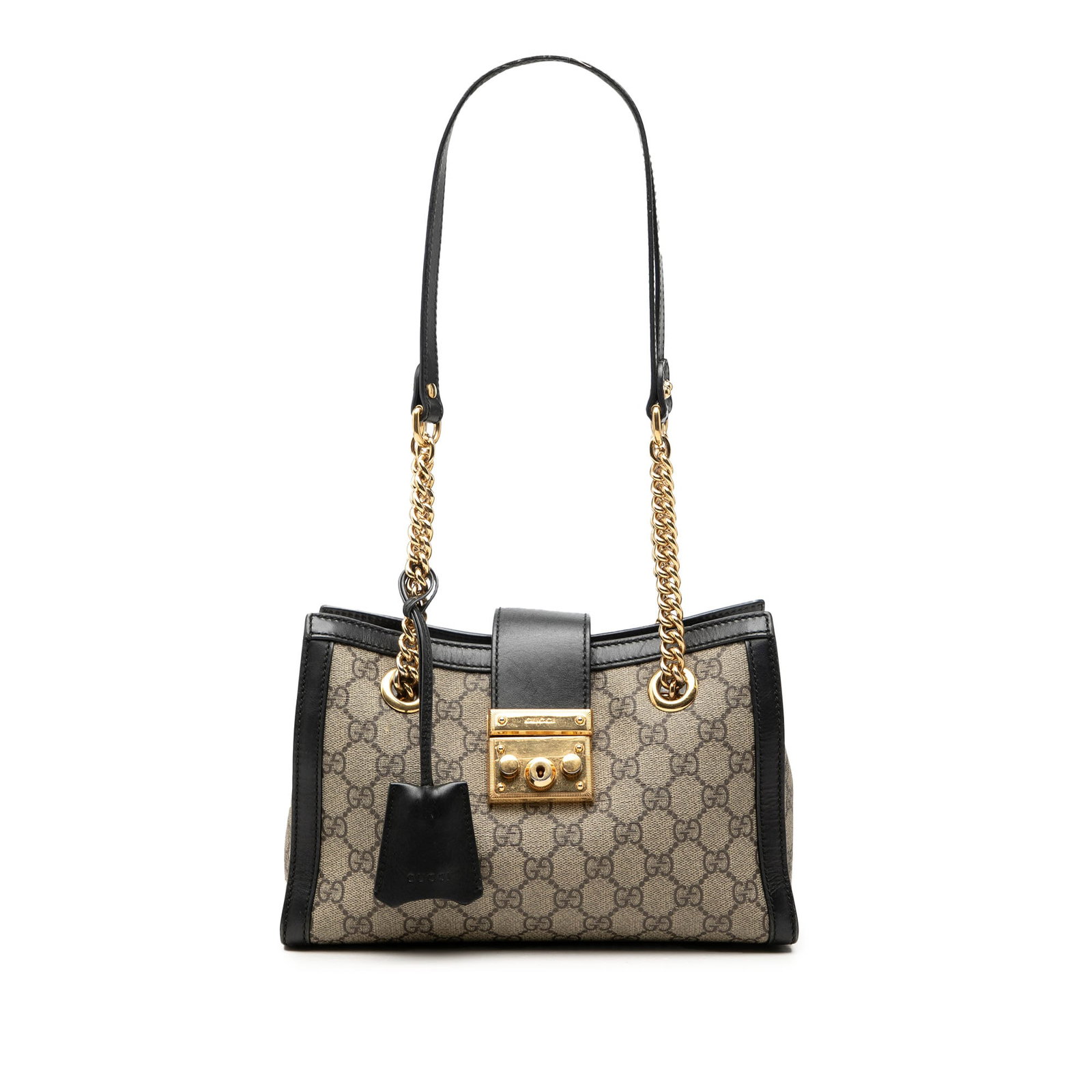 Gucci Padlock Small Tote Bag GG Supreme Canvas: Gucci Padlock Small Tote Bag GG Supreme Canvas Gucci Small GG Supreme Padlock Tote in beige with a coated canvas body, leather trim, and chain-link and leather shoulder straps. The bag features an ope