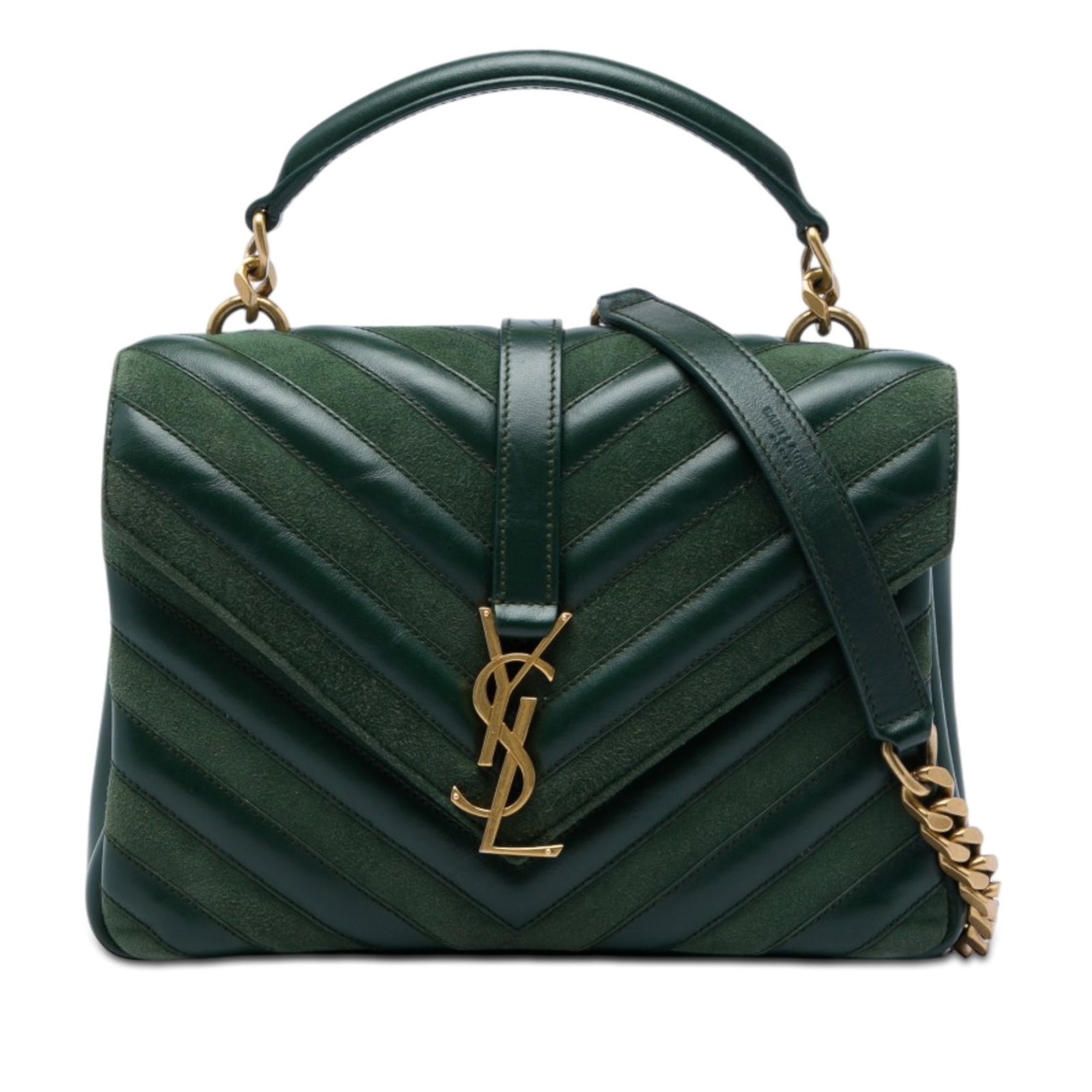 Saint Laurent College Medium Green Leather Satchel Chevron Monogram: Saint Laurent College Medium Green Leather Satchel Chevron Monogram Saint Laurent Medium College satchel crafted in green chevron quilted calfskin and suede with the Monogram design. This bag features