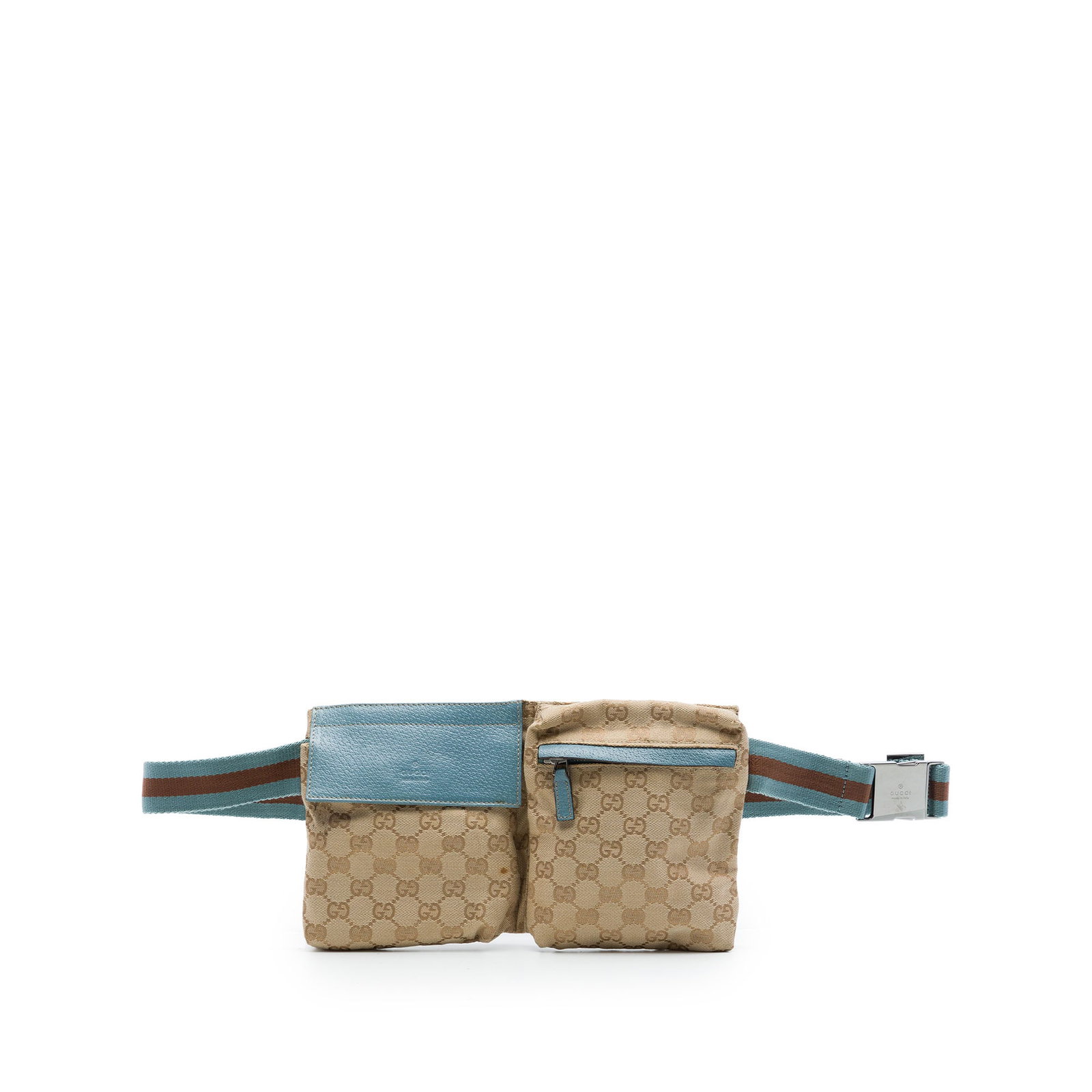 Gucci GG Canvas Web Double Pocket Waist Bag Beige: Gucci GG Canvas Web Double Pocket Waist Bag Beige Gucci GG Canvas Web Double Pocket Belt Bag in beige fabric with an adjustable flat waist strap. The design includes an exterior front flap pocket, an 