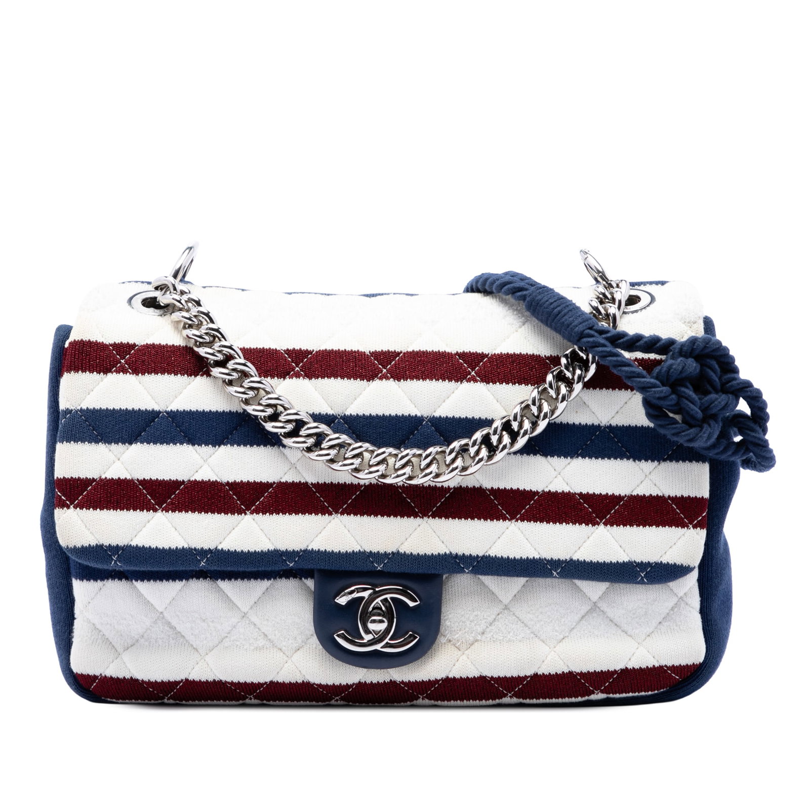 Chanel Jumbo Stripe Flap Satchel in Jersey Felt and Rope: Chanel Jumbo Stripe Flap Satchel in Jersey Felt and Rope Chanel Jumbo Stripe Jersey Felt and Rope Flap satchel in white fabric with a quilted striped design. Features a silver-tone chain handle, rope 