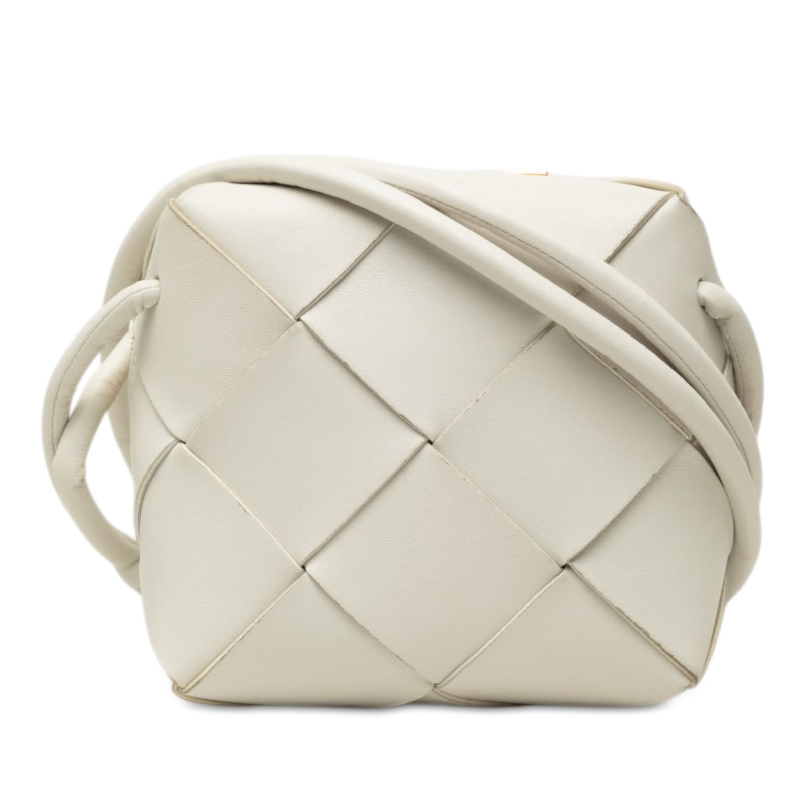 Bottega Veneta Intrecciato Cassette Mini Camera Bag in White Lambskin: Bottega Veneta Intrecciato Cassette Mini Camera Bag in White Lambskin A compact Bottega Veneta camera bag crafted in woven lambskin leather with the signature Intrecciato look. This mini bag features 