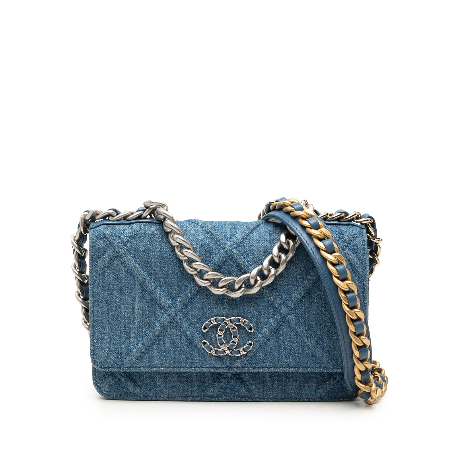 Chanel 19 Flap Wallet On Chain Blue Quilted Denim Bag: Chanel 19 Flap Wallet On Chain Blue Quilted Denim Bag A Chanel Denim 19 Flap Wallet On Chain in blue quilted denim with a chain link handle and a leather-woven chain link shoulder strap with leather g