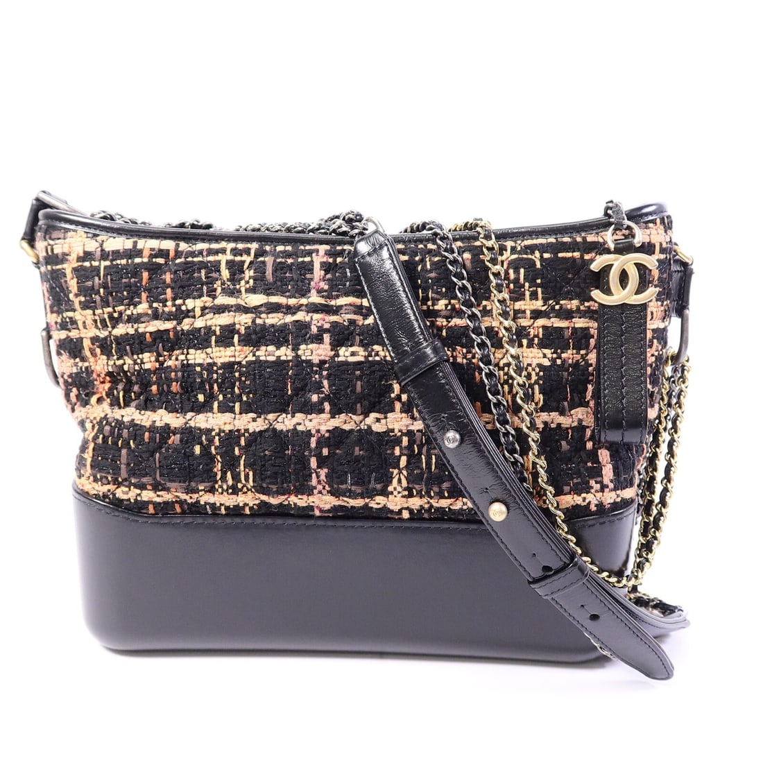 CHANEL Gabrielle Medium Tweed Shoulder Bag Black Brown CC: CHANEL Gabrielle Medium Tweed Shoulder Bag Black Brown CC CHANEL Gabrielle Medium chain shoulder bag in black and brown tweed with the signature CC design. This women's shoulder bag features a structu