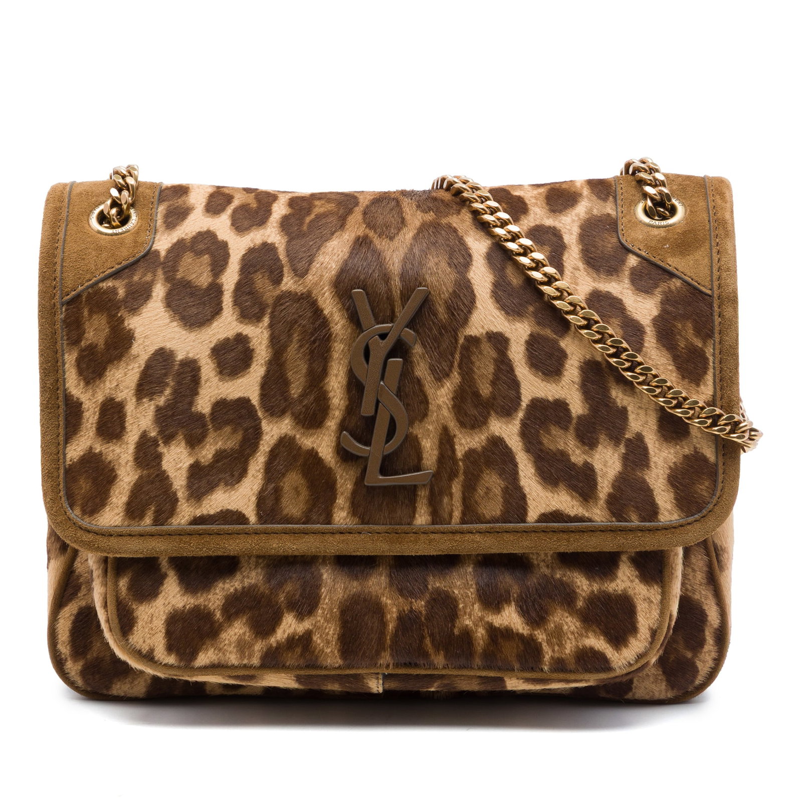 Saint Laurent Niki Baby Leopard Print Pony Hair Shoulder Bag: Saint Laurent Niki Baby Leopard Print Pony Hair Shoulder Bag Saint Laurent Baby Pony Hair Leopard Print Niki shoulder bag with a leather body, curb chain straps with leather guard, a front flap with m