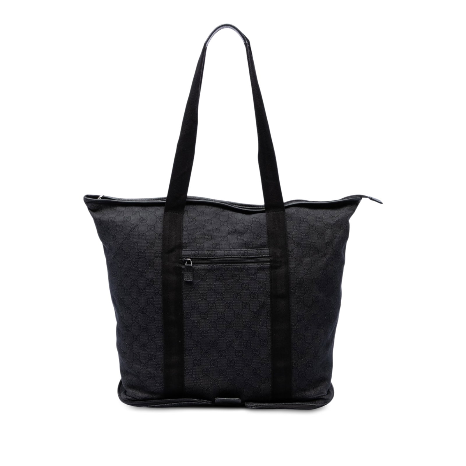 Gucci GG Denim Tote Bag in Black Fabric: Gucci GG Denim Tote Bag in Black Fabric Gucci GG Denim Tote in black fabric with a spacious silhouette, flat shoulder straps, top zip closure, and an exterior front zip pocket. Made in Italy. Conditio