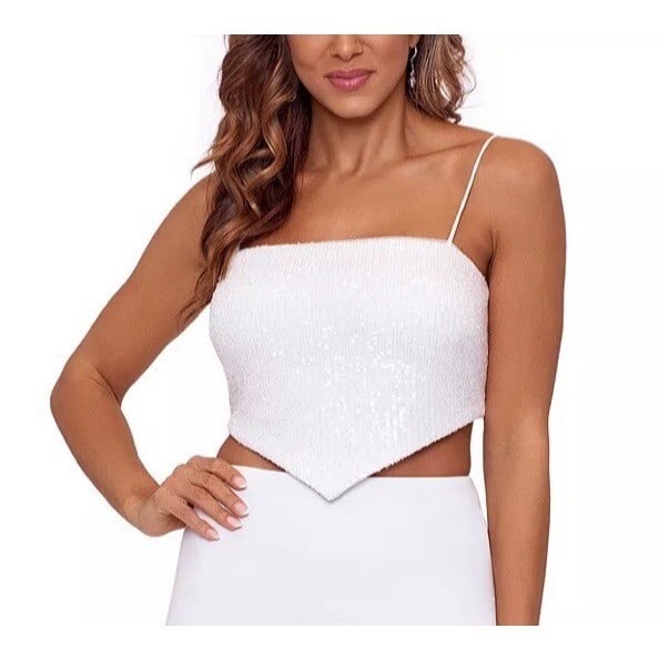 Xscape Womens White Sequin Blouse Size 2 Lace Up Back (1 of 2)