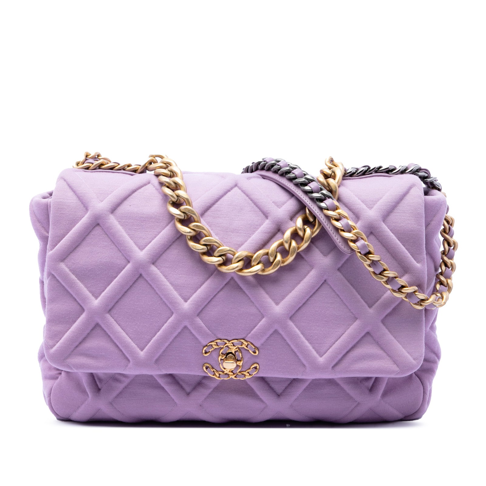 Chanel 19 Flap Large Purple Jersey Shoulder Bag: Chanel 19 Flap Large Purple Jersey Shoulder Bag Large Chanel 19 Flap bag in purple quilted jersey with a chain link handle, leather-woven chain link shoulder strap, front flap with interlocking Cs and