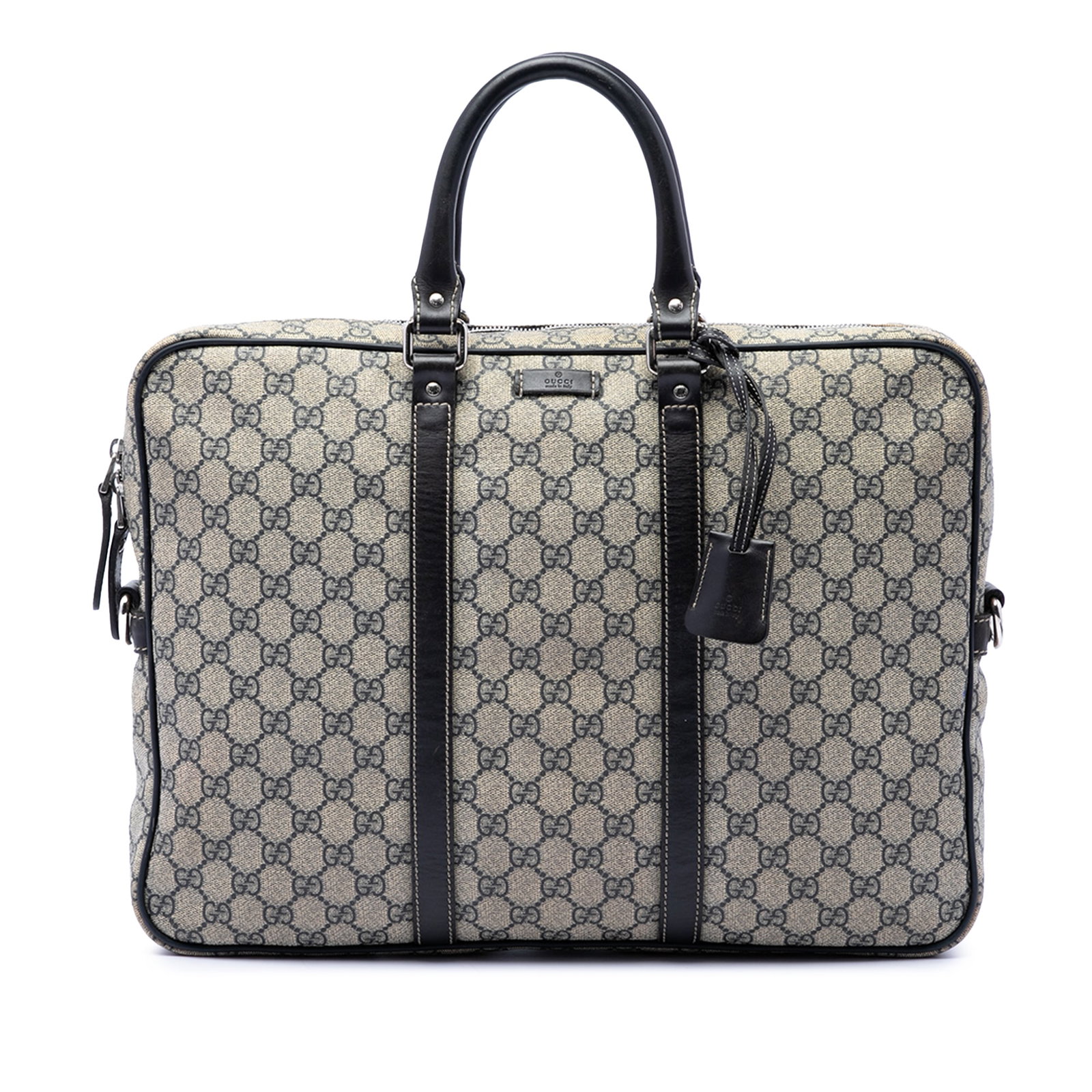 Gucci GG Supreme Beige Coated Canvas Briefcase with Leather Trim: Gucci GG Supreme Beige Coated Canvas Briefcase with Leather Trim Gucci GG Supreme Business Bag crafted with a coated canvas body and leather trim. It features rolled leather handles, a top zip closure