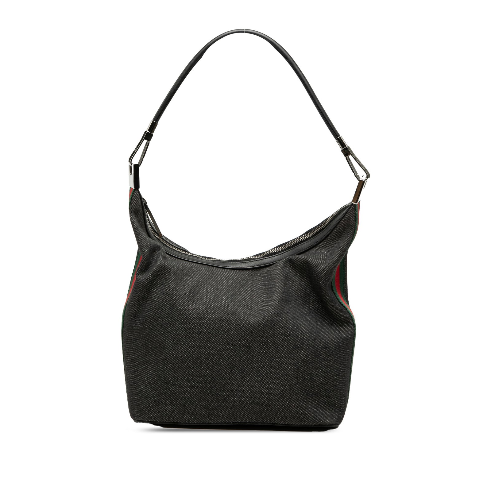 Gucci Denim Web Gray Fabric Shoulder Bag: Gucci Denim Web Gray Fabric Shoulder Bag Gucci Denim Web Shoulder Bag crafted with a gray denim body and side web details. The bag features a flat leather shoulder strap, a top zip closure, and an int