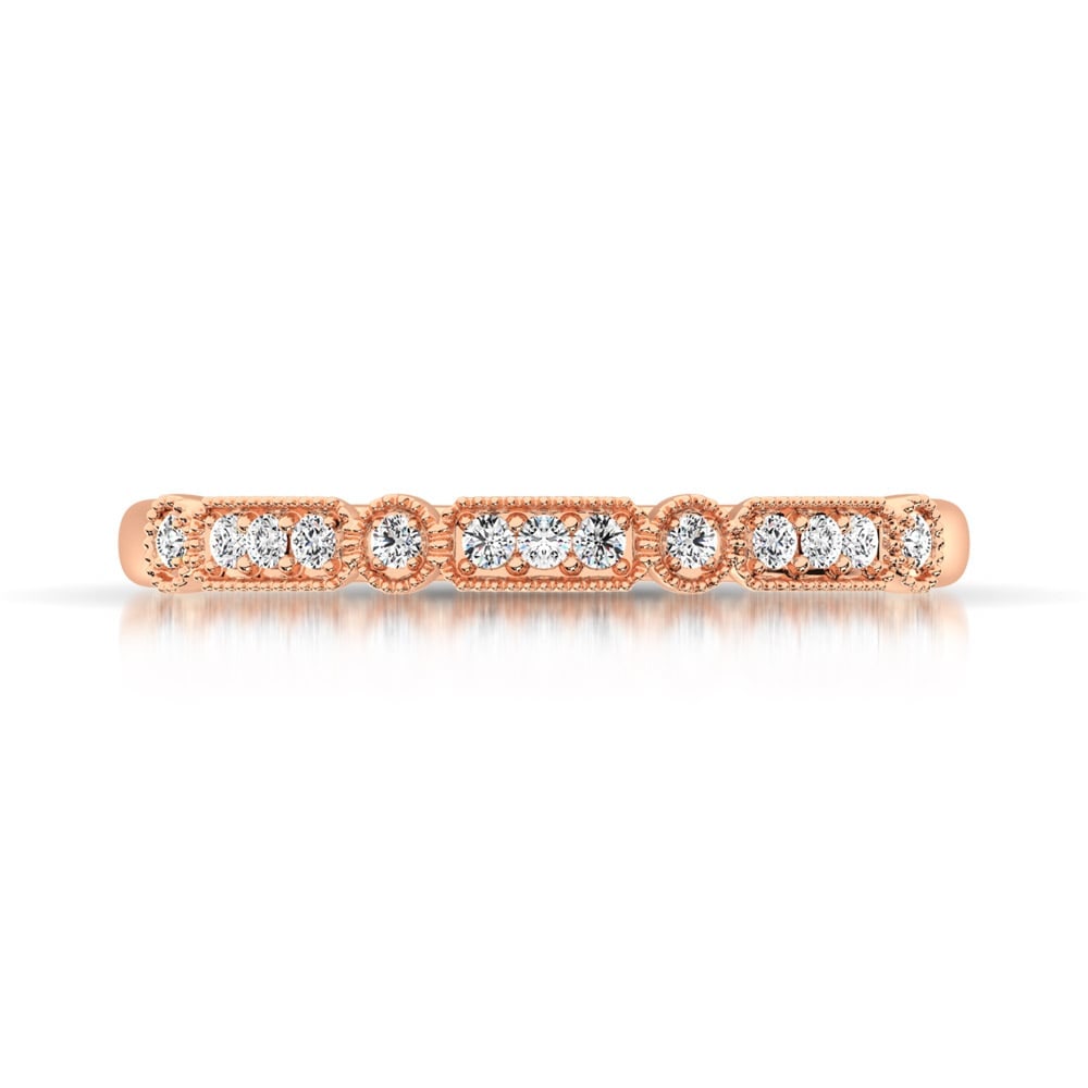 14K Rose Gold 1/20 Ct.Tw. Diamond Stackable Band: 14K Rose Gold 1/20 Ct.Tw. Diamond Stackable Band This Glamorous Stackable band Is Available In 14K Rose Gold. There Are 13 Round Diamonds With A Total Carat Weight Of 1/20 Ct.Tw. Set In A Prong / Shar