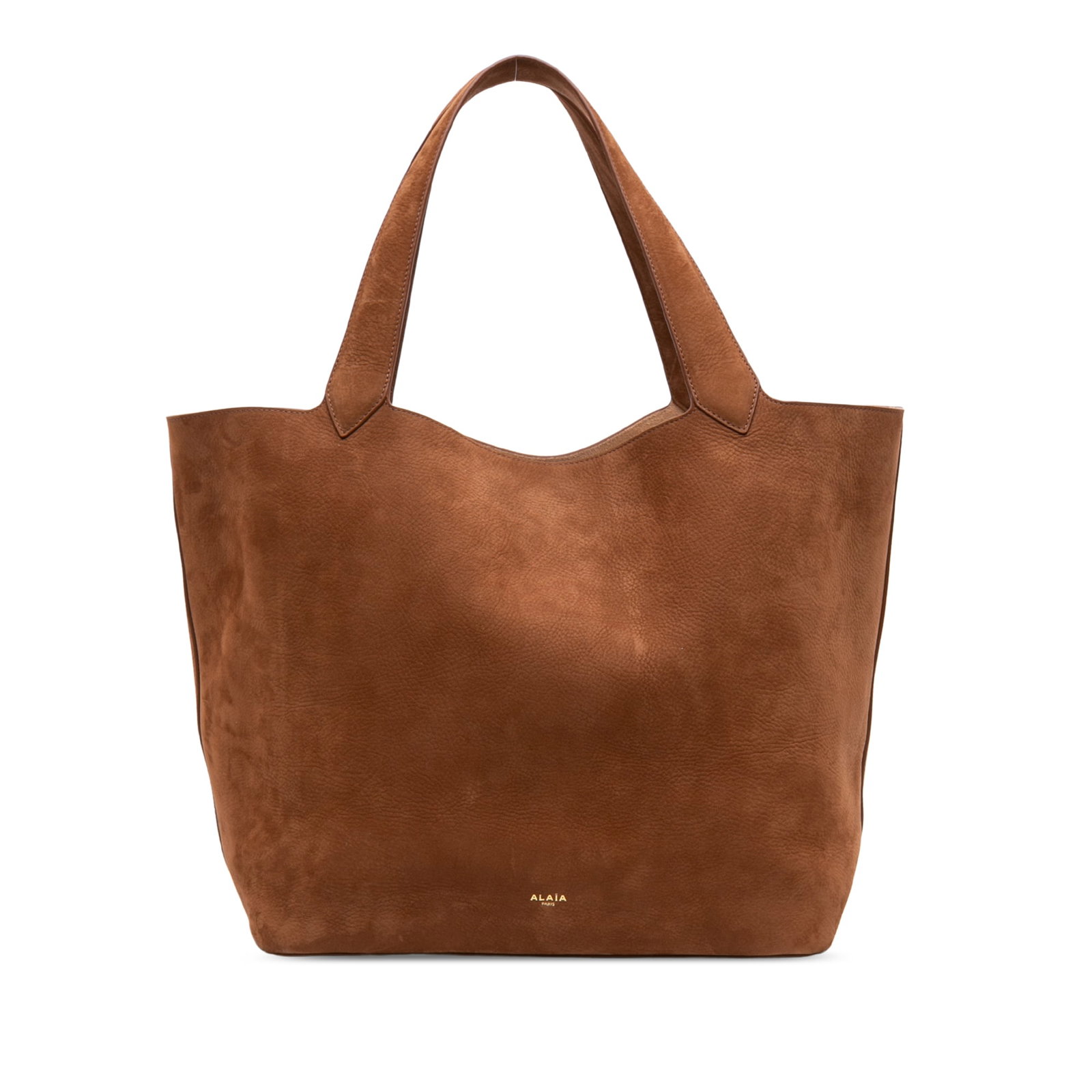 ALAIA Le Cabas Nubuck Leather Tote Bag Brown: ALAIA Le Cabas Nubuck Leather Tote Bag Brown Structured and spacious, this ALAIA Le Cabas tote is crafted in brown nubuck leather with flat handles, an open top, and a matching zip pouch. Made in Ital
