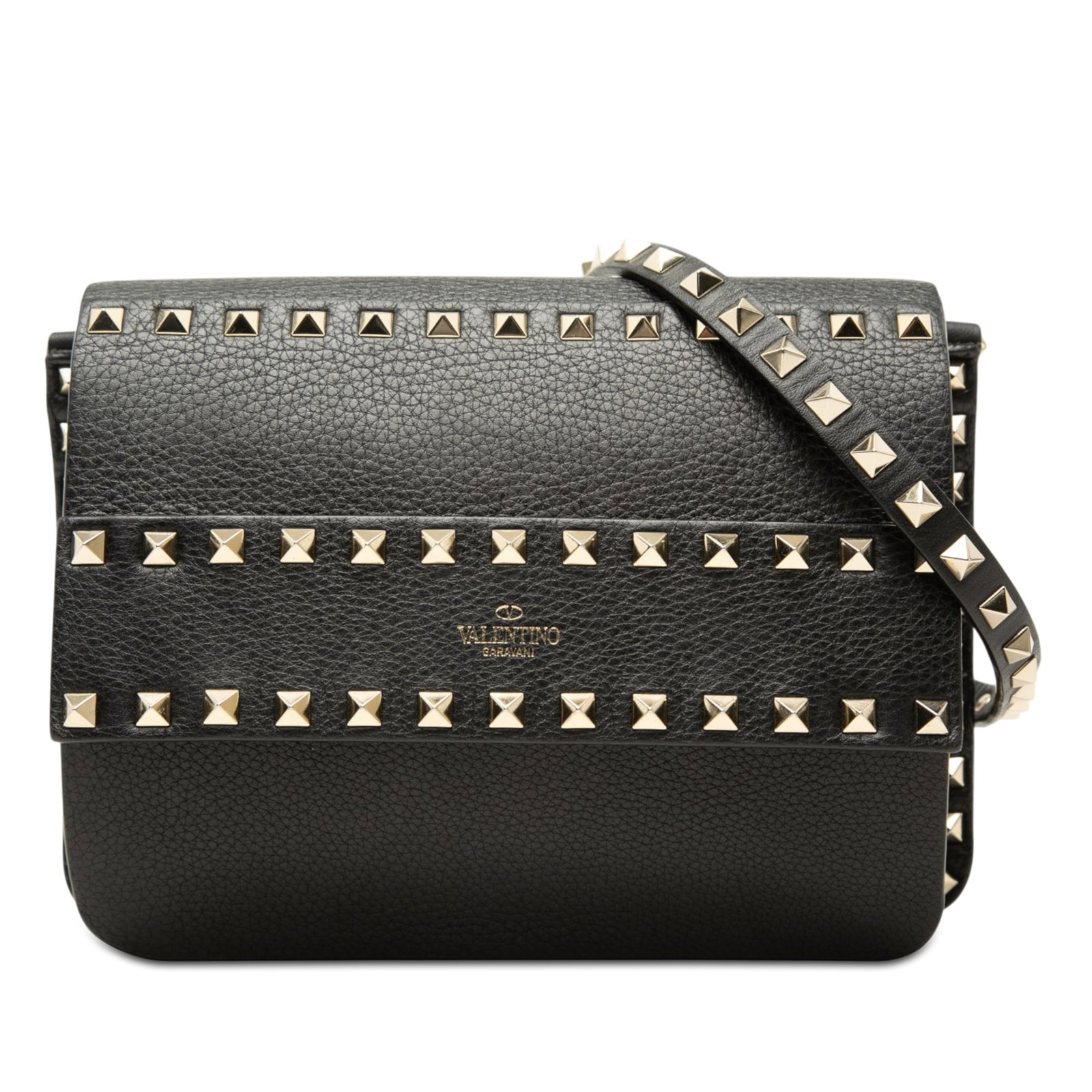 Valentino Rockstud Small Grained Calfskin Leather Crossbody Bag: Valentino Rockstud Small Grained Calfskin Leather Crossbody Bag Valentino Small Grained Calfskin Rockstud Crossbody in black leather with stud detailing. The bag features a detachable flat leather str
