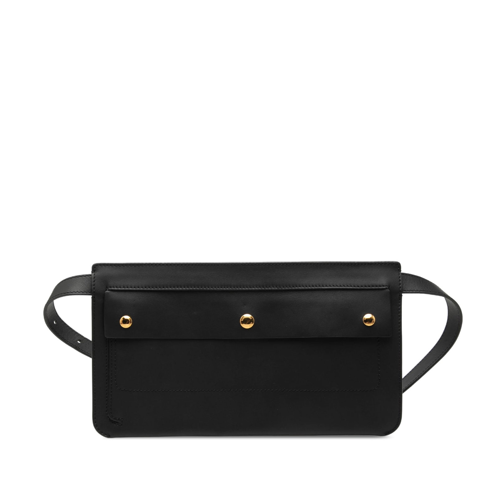 Burberry Leather Belt Bag in Black Leather: Burberry Leather Belt Bag in Black Leather Black leather belt bag with an adjustable flat waist strap and a front flap featuring stud details and a magnetic closure. Condition is AB, with noted wear i