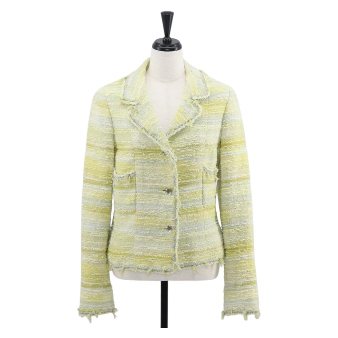 CHANEL Yellow Silver Tweed Jacket Authentic 156695M: CHANEL Yellow Silver Tweed Jacket Authentic 156695M This exquisite CHANEL jacket showcases a stylish combination of yellow and silver in a refined tweed fabric. Crafted in France, this piece is a test