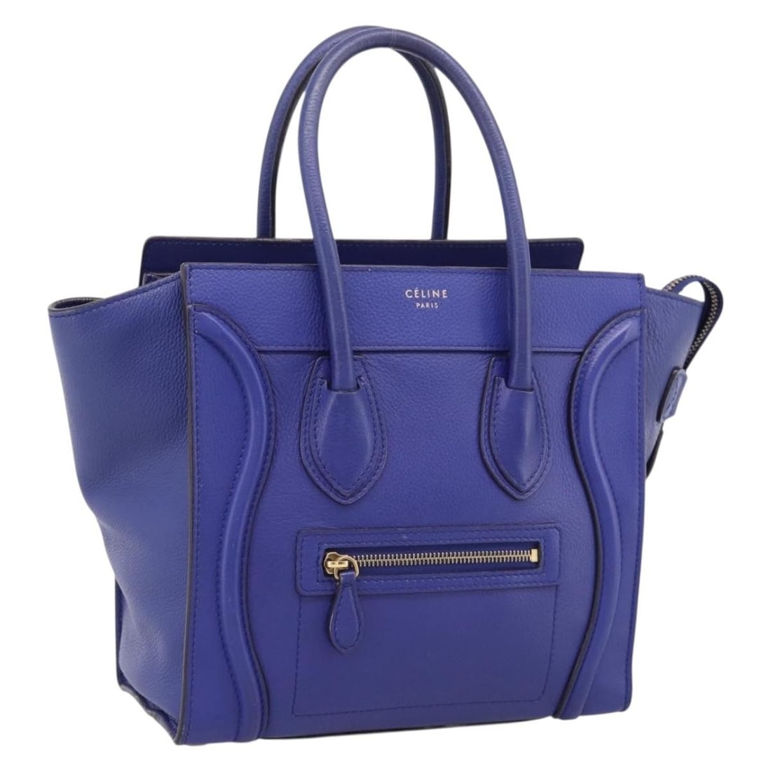 CELINE Micro Luggage leather handbag blue and gold tone: CELINE Micro Luggage leather handbag blue and gold tone Celine Luggage Micro Shopper handbag in blue leather with gold-tone accents. Made in Italy, this women's handbag includes only the item shown; i