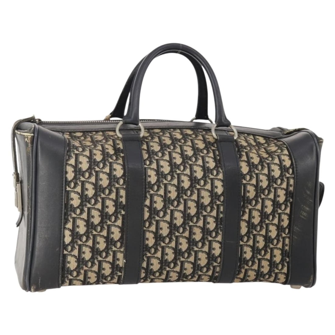 Christian Dior Boston Bag in Navy Silver Trotter Canvas: Christian Dior Boston Bag in Navy Silver Trotter Canvas Authentic Christian Dior Boston bag in navy and silver Trotter canvas, made in France. Includes one key and clochette. This heavily used bag sho