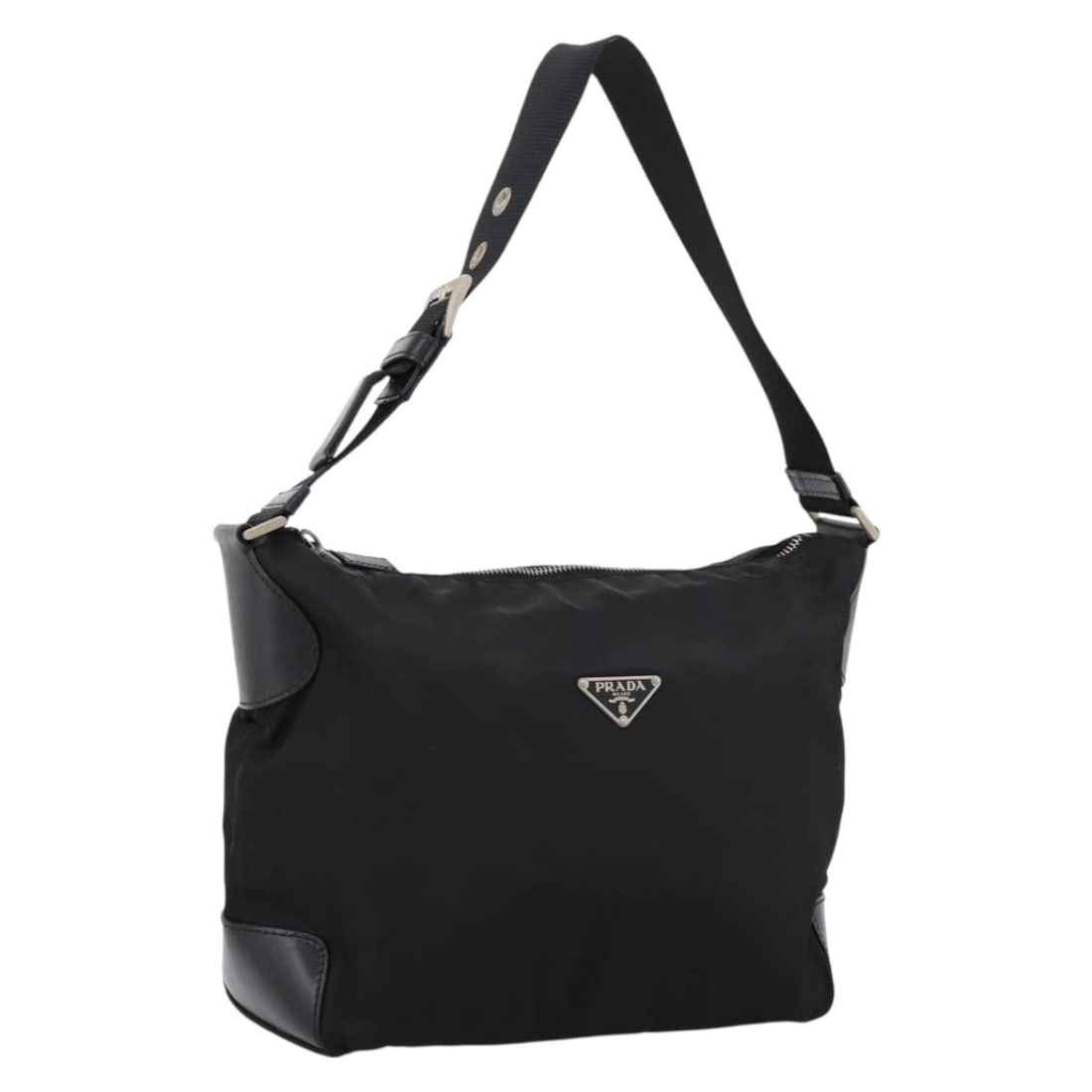 PRADA Black Nylon Shoulder Bag with Guarantee Card Silver Tone: PRADA Black Nylon Shoulder Bag with Guarantee Card Silver Tone Authentic Prada shoulder bag in black nylon with silver-tone accents. Made in Italy, this women's bag includes a guarantee card. Conditio