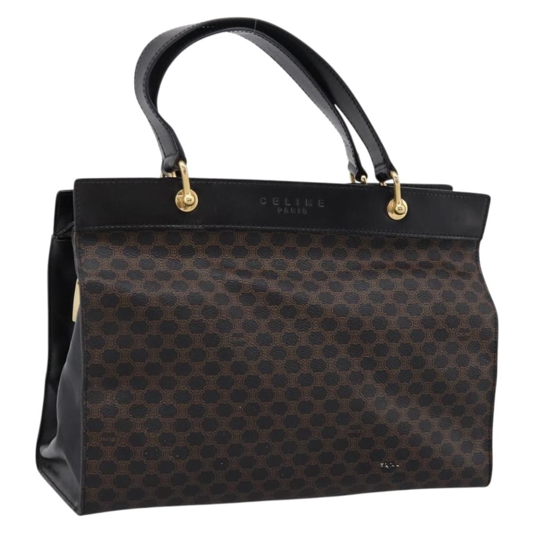 CELINE Macadam PVC Leather Handbag Black Gold Tone Italy: CELINE Macadam PVC Leather Handbag Black Gold Tone Italy Celine Macadam handbag in black PVC leather with gold-tone accents. Made in Italy, this women's handbag shows heavy use with wear throughout, i