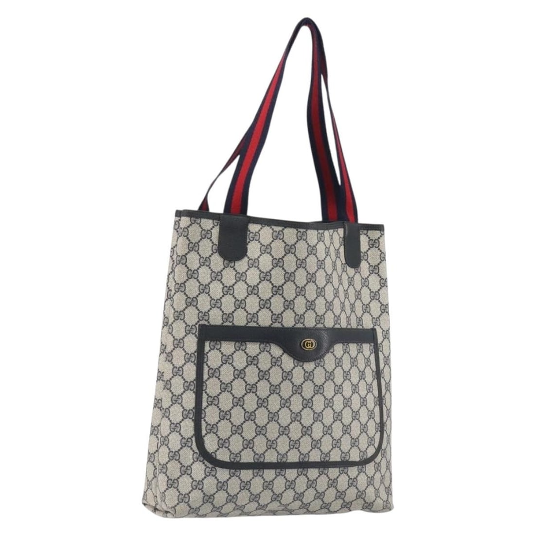 Gucci 39 02 003 GG Supreme Sherry Tote in Navy PVC Leather: Gucci 39 02 003 GG Supreme Sherry Tote in Navy PVC Leather Gucci GG Supreme Sherry Line tote bag in navy and gold PVC leather with GG canvas. Made in Italy, this women's tote features a structured eve