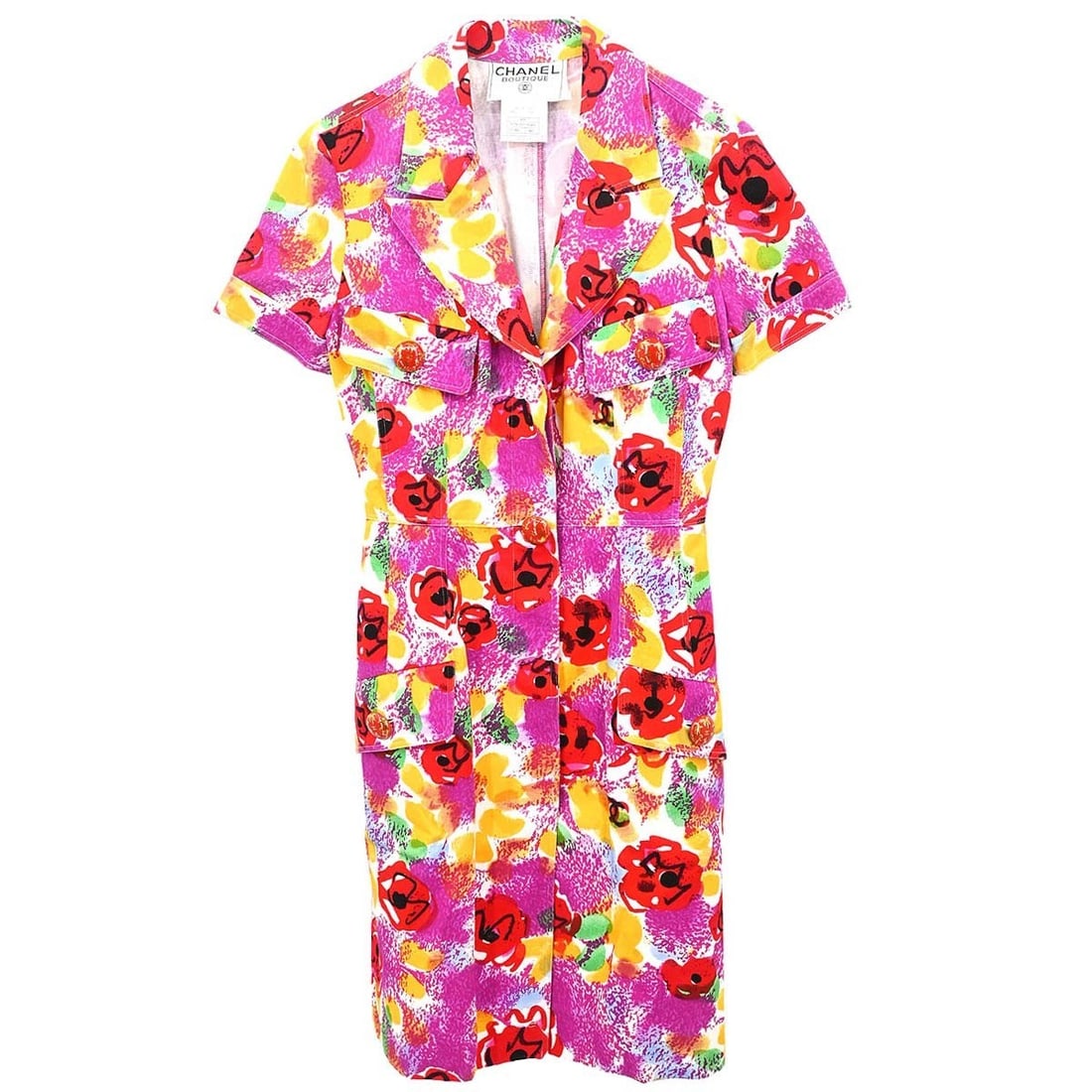 CHANEL 97P Purple Cotton Midi Dress Size 40 France: CHANEL 97P Purple Cotton Midi Dress Size 40 France Vintage Chanel purple midi dress with short sleeves and logo accents. Made in France from 100% cotton, this women's regular-size dress features four 