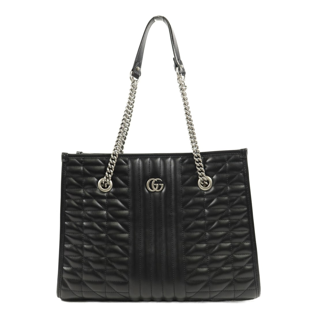 Gucci GG Marmont 675796 black calfskin tote bag: Gucci GG Marmont 675796 black calfskin tote bag Gucci GG Marmont tote bag in black calfskin leather with silver-tone hardware. This women's tote features a structured silhouette, an interior zip pocke
