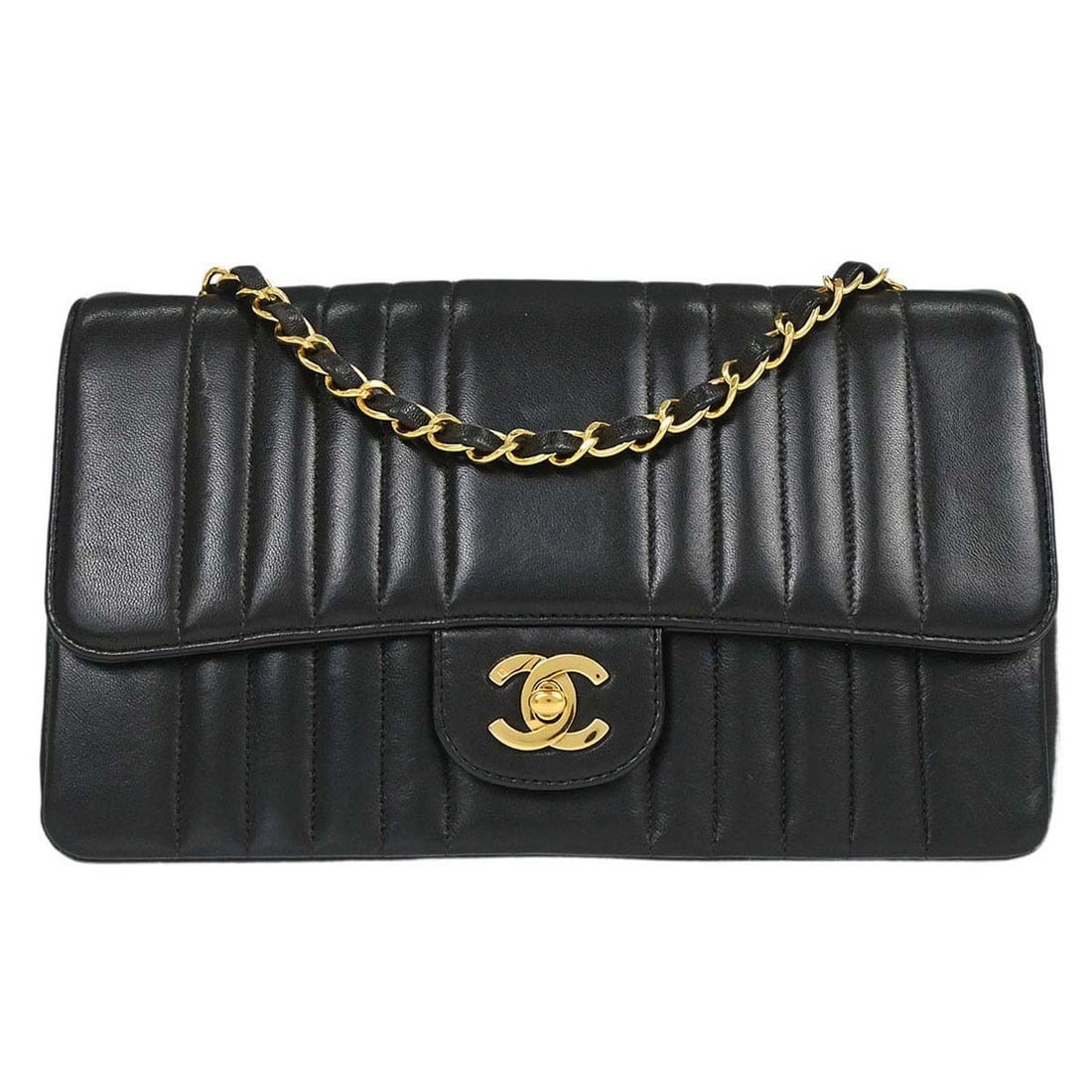 CHANEL Mademoiselle Single Flap Black Lambskin Shoulder Bag: CHANEL Mademoiselle Single Flap Black Lambskin Shoulder Bag Chanel Mademoiselle Single Flap shoulder bag in black lambskin leather with vertical stitch quilting and a turn-lock closure. This medium sh