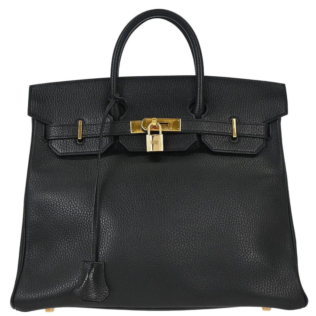 Hermes Haut a Courroies 32 Black Ardennes Leather Handbag with Padlock: Hermes Haut a Courroies 32 Black Ardennes Leather Handbag with Padlock Hermes Haut a Courroies 32 handbag in black Ardennes leather with double handles, a flap turnlock closure, and gold-color hardwar