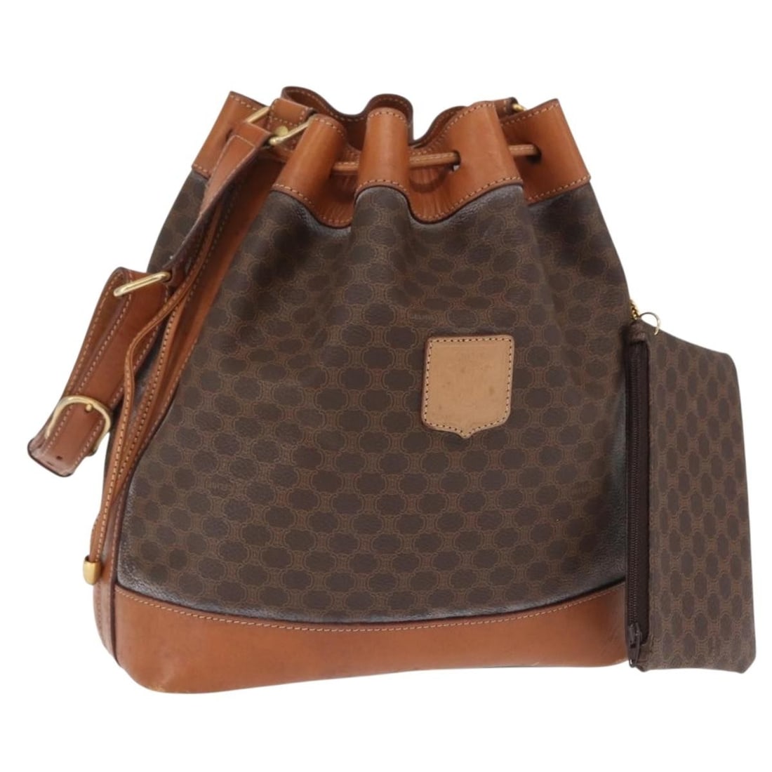 Celine Macadam Brown PVC Leather Shoulder Bag with Pouch: Celine Macadam Brown PVC Leather Shoulder Bag with Pouch This CELINE Macadam shoulder bag features a durable PVC leather and canvas exterior in brown and gold tones. Made in Italy, the bag offers a sp