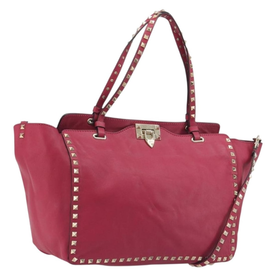 VALENTINO Leather 2way Tote Bag Pink Gold Tone with Shoulder Strap: VALENTINO Leather 2way Tote Bag Pink Gold Tone with Shoulder Strap Valentino 2-way tote bag in pink leather with gold-tone stud detailing. Made in Italy, this women's bag includes a shoulder strap for