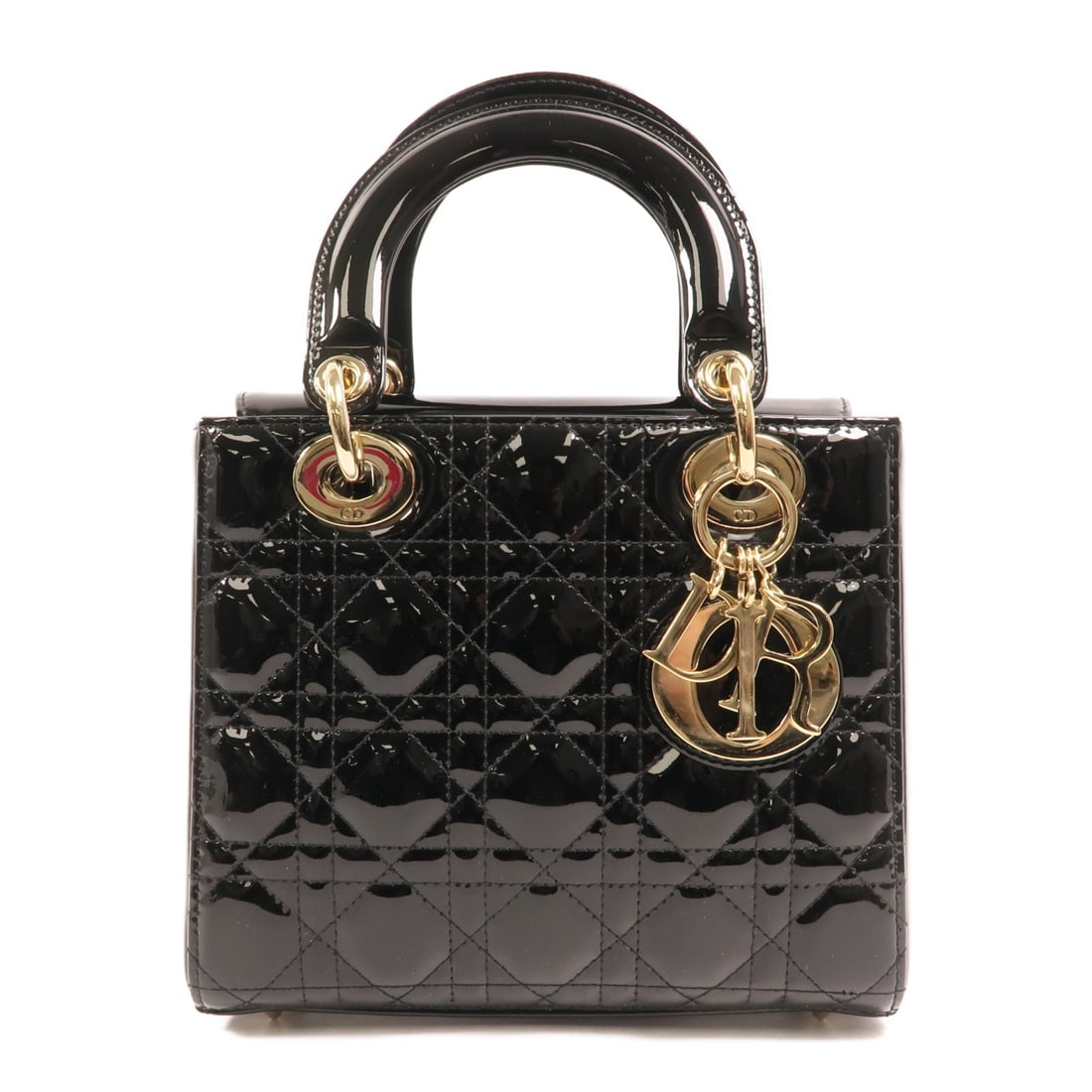 Dior Lady Dior Small Patent Leather Handbag Black CD GHW: Dior Lady Dior Small Patent Leather Handbag Black CD GHW Small Lady Dior handbag in black patent leather with CD GHW detailing. This women's handbag features a structured silhouette, top handles, a fl