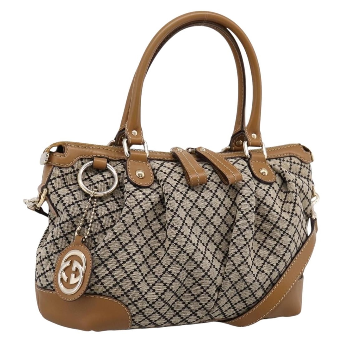 GUCCI 247902 Sukey Diamante Canvas 2way Handbag Beige Gold: GUCCI 247902 Sukey Diamante Canvas 2way Handbag Beige Gold Gucci Diamante Sukey 2-way handbag in beige and gold canvas with dual carry options. Made in Italy, this women's bag includes a shoulder stra