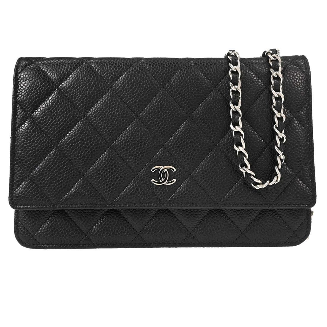 CHANEL Classic WOC Wallet on Chain Black Caviar Leather: CHANEL Classic WOC Wallet on Chain Black Caviar Leather Classic Chanel Wallet on Chain in black caviar skin leather with a folding design. This women's wallet features a compact shoulder bag silhouett