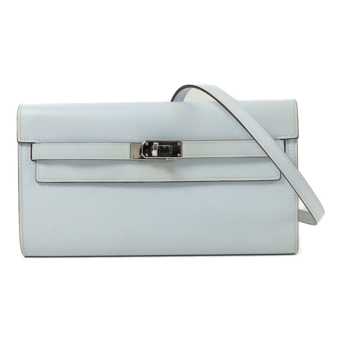 Hermes Kelly To Go Epsom Calfskin Shoulder Bag Bleu Brume PHW: Hermes Kelly To Go Epsom Calfskin Shoulder Bag Bleu Brume PHW Hermes Kelly To Go shoulder bag in Bleu Brume Veau Epsom leather with palladium-tone hardware. This women's shoulder bag is made in France
