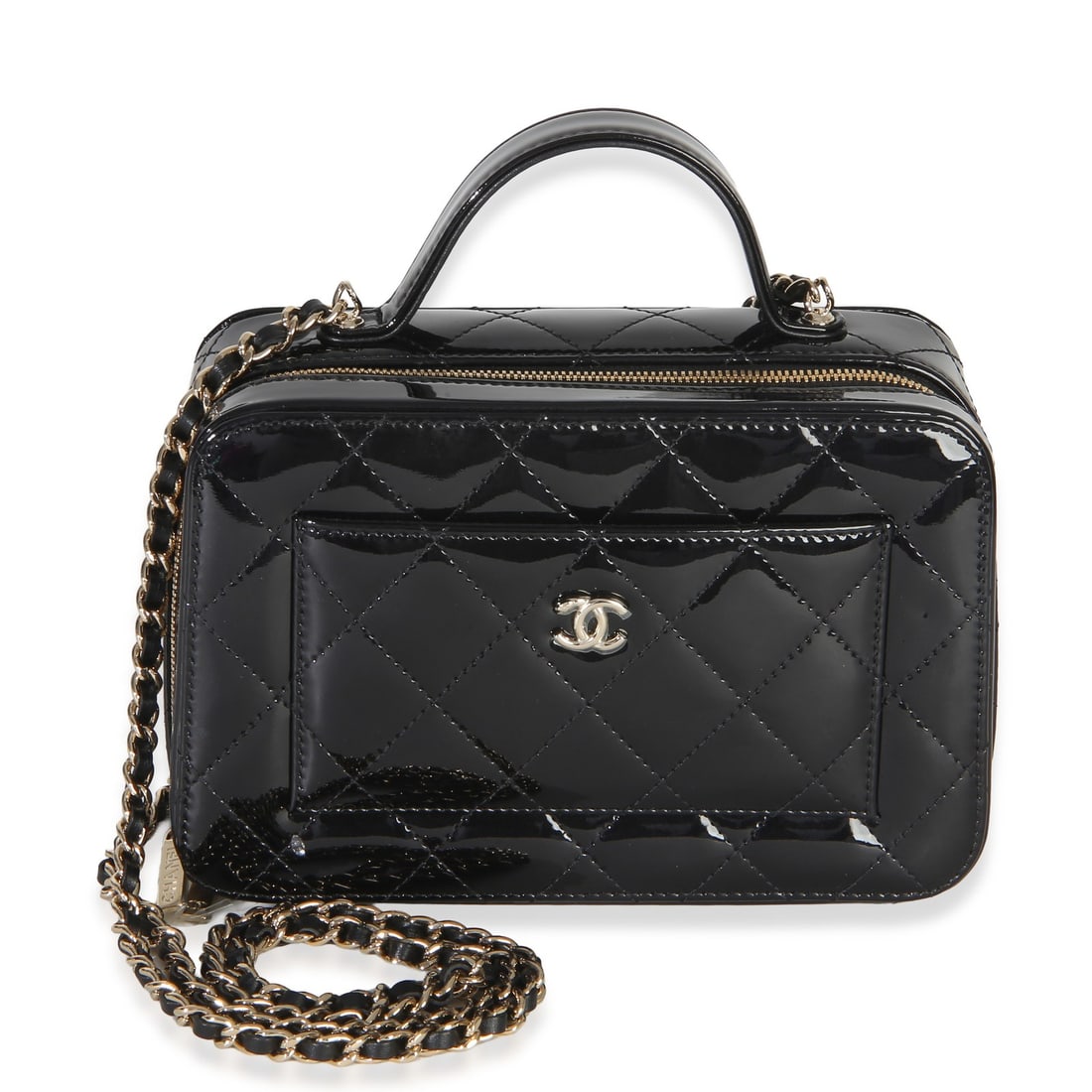 Chanel Top Handle Vanity Chain Black Patent Leather Bag: Chanel Top Handle Vanity Chain Black Patent Leather Bag This Chanel Top Handle Vanity With Chain is crafted from black quilted patent leather and features a zip-around closure. The bag offers versatil