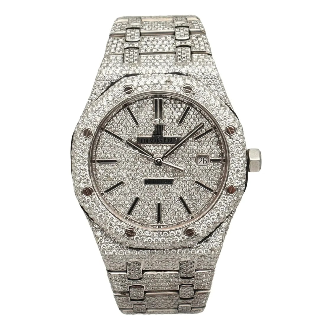 Audemars Piguet Royal Oak 15400ST 41mm steel watch custom diamond dial: Audemars Piguet Royal Oak 15400ST 41mm steel watch custom diamond dial Pre-owned Audemars Piguet Royal Oak wristwatch with a custom diamond presentation. This men's automatic watch features a silver d