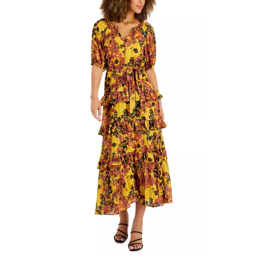 Taylor Plus Size Floral Tiered Maxi Dress Yellow 18W: Taylor Plus Size Floral Tiered Maxi Dress Yellow 18W Elevate your wardrobe with this stunning Plus Size Printed Tiered Maxi Chiffon Dress from Taylor. Designed for comfort and style, this dress featur