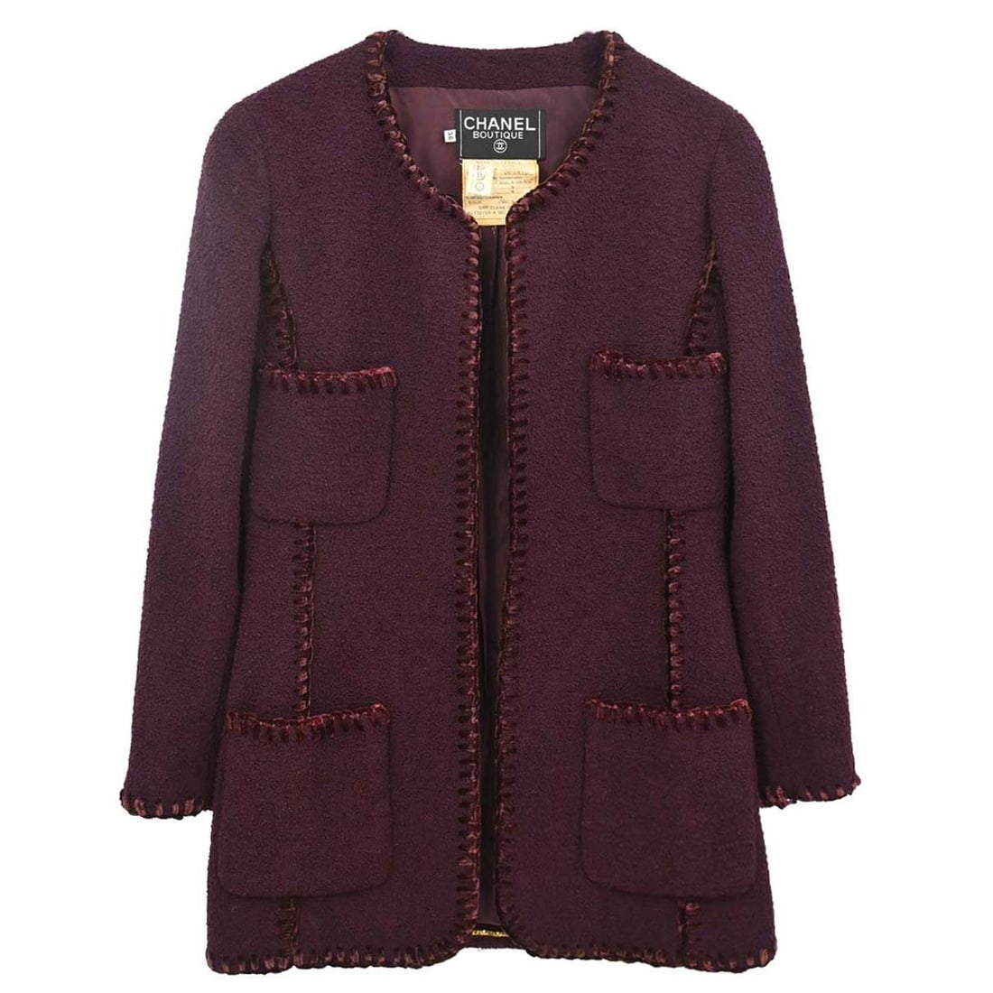 CHANEL Brown Wool Mid Length Jacket Size 36 Vintage: CHANEL Brown Wool Mid Length Jacket Size 36 Vintage Vintage Chanel brown wool jacket with a mid-length silhouette and long sleeves. Designed for women in a regular fit, this French-made piece features