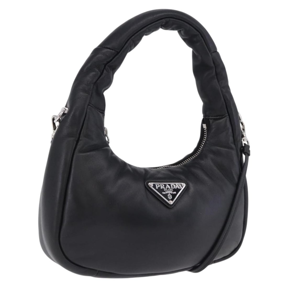 PRADA black leather 2 way handbag with shoulder strap: PRADA black leather 2 way handbag with shoulder strap Prada soft padded nappa leather 2-way handbag in black with silver-tone accents. Made in Italy, this women's bag includes a top handle and a detac