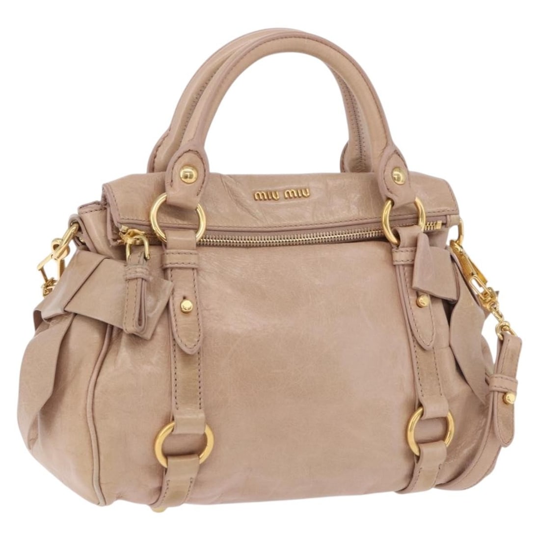 Miu Miu Pink Leather 2 Way Handbag with Shoulder Strap: Miu Miu Pink Leather 2 Way Handbag with Shoulder Strap Miu Miu 2-way handbag in pink leather with gold-tone accents. Made in Italy, this women's bag includes a dust bag and shoulder strap. Condition i