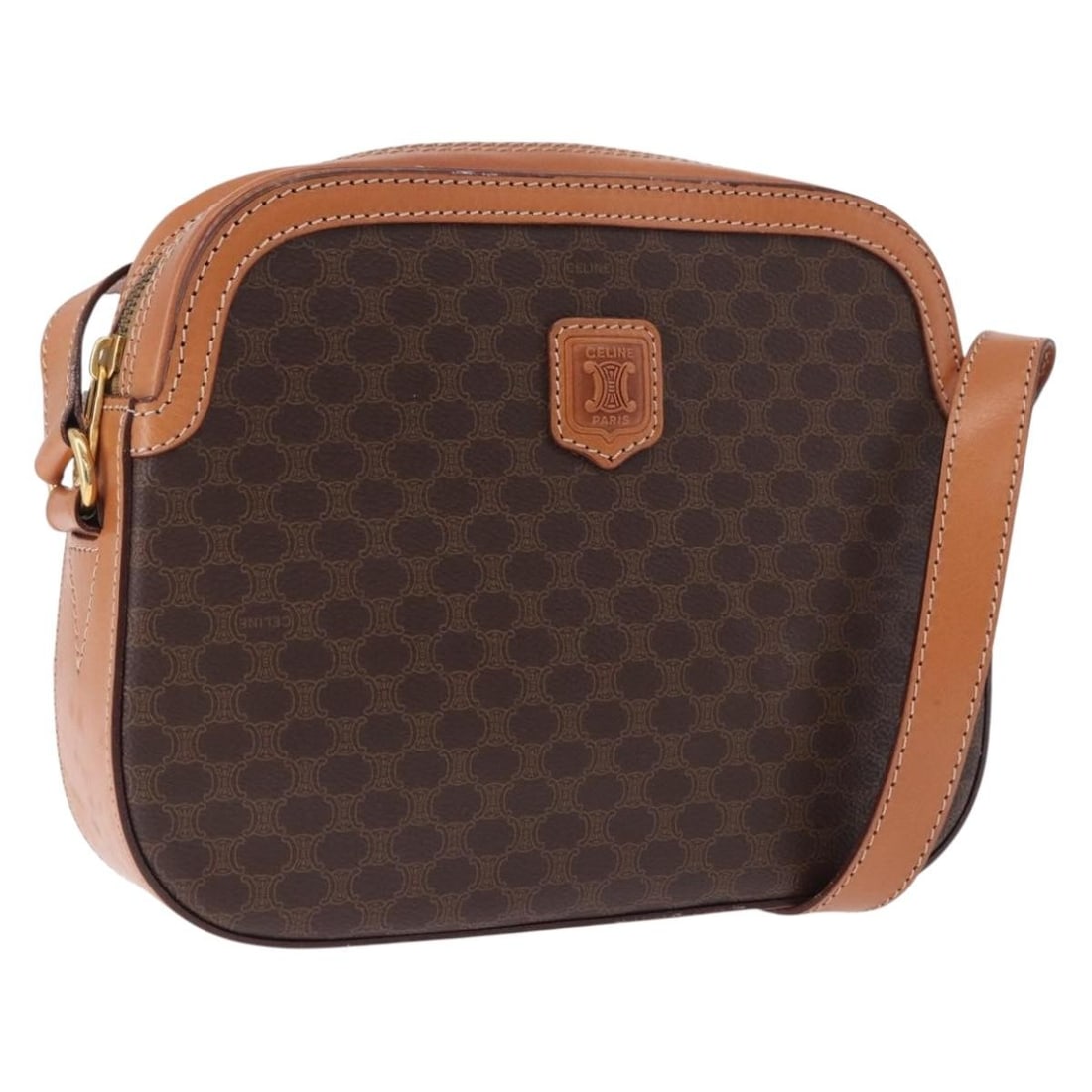 CELINE Macadam Shoulder Bag Brown PVC Leather Italy: CELINE Macadam Shoulder Bag Brown PVC Leather Italy Celine Macadam canvas shoulder bag in brown with gold-tone accents, crafted with PVC leather trim. Made in Italy, this women's shoulder bag features