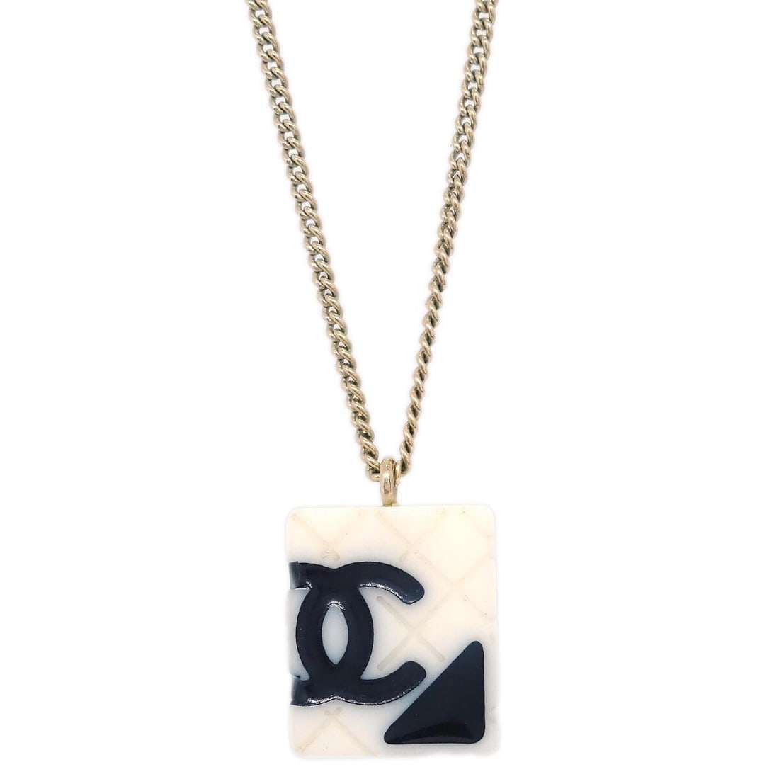 Chanel Cambon Ligne gold plated pendant necklace white padlock charm: Chanel Cambon Ligne gold plated pendant necklace white padlock charm A Chanel Cambon Ligne chain necklace pendant in gold and white. The pendant is made of gold-plated material and originates from Ita
