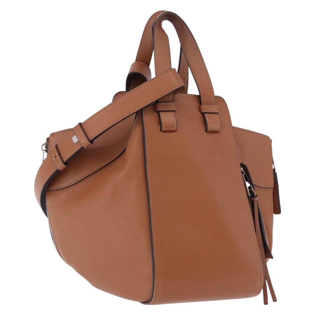 LOEWE Hammock Small 2way Leather Handbag Brown Silver Strap: LOEWE Hammock Small 2way Leather Handbag Brown Silver Strap A LOEWE Hammock Small 2-way handbag in brown leather with silver-tone accents. Made in Spain, this women's bag includes a shoulder strap and