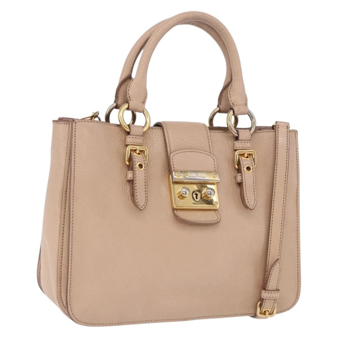 Miu Miu Beige Leather 2way Handbag with Shoulder Strap: Miu Miu Beige Leather 2way Handbag with Shoulder Strap Miu Miu 2-way handbag in beige leather with gold-tone accents. Made in Italy, this women's bag includes a shoulder strap and can be carried by th