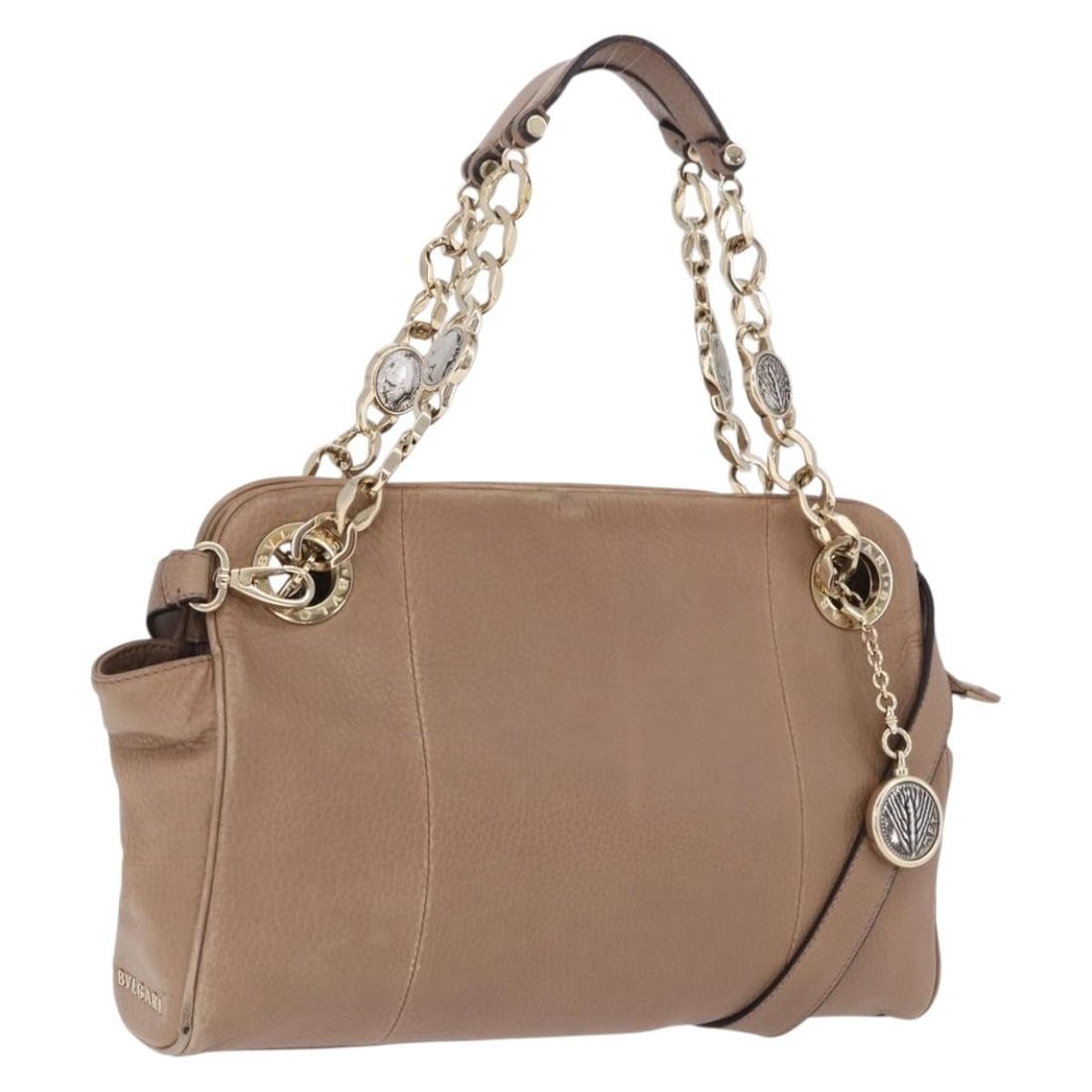 BVLGARI Beige Leather 2way Tote Shoulder Bag with Strap: BVLGARI Beige Leather 2way Tote Shoulder Bag with Strap Authentic BVLGARI 2-way chain shoulder tote bag in beige leather with gold tone accents. Designed for women, this Italian-made bag includes a sh