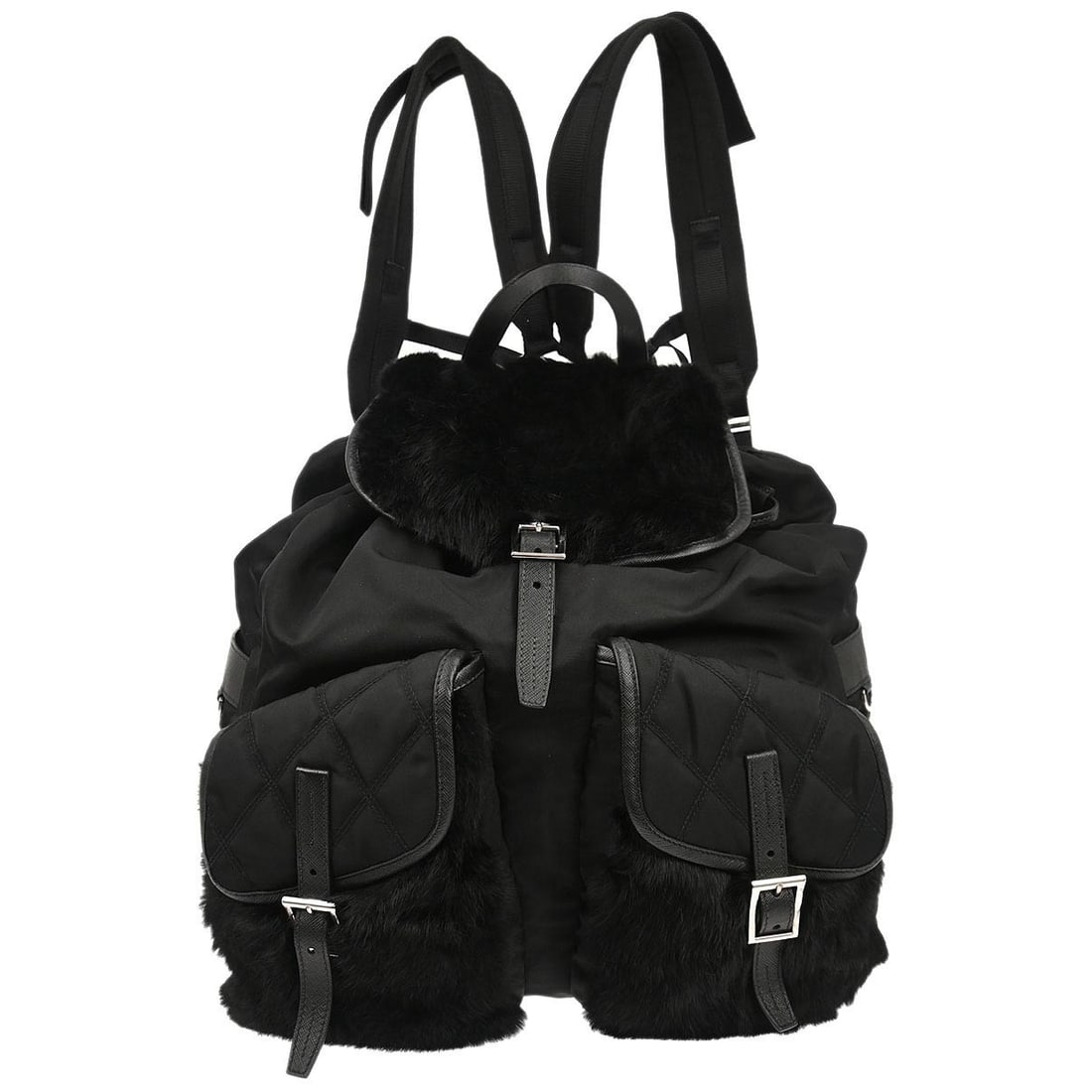 PRADA Nylon Backpack Black Fur Trim Large Italy: PRADA Nylon Backpack Black Fur Trim Large Italy Large Prada backpack in black with a nylon exterior and lining, accented with fur and leather trim. It features a buckle closure and multiple interior a