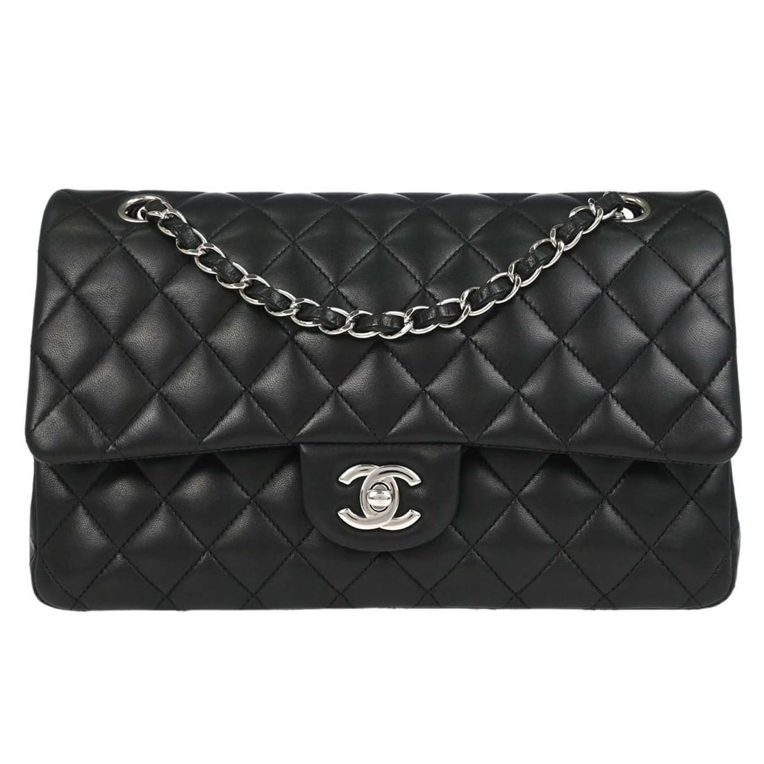 CHANEL Classic Double Flap Medium Shoulder Bag Black Lambskin: CHANEL Classic Double Flap Medium Shoulder Bag Black Lambskin Chanel Medium Classic Double Flap shoulder bag in black lambskin leather with a turn-lock closure and shoulder strap. Made in France, this
