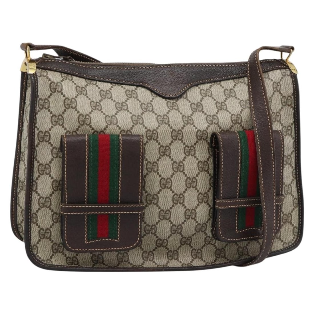 Gucci Sherry Web GG Supreme PVC Leather Shoulder Bag Beige Gold: Gucci Sherry Web GG Supreme PVC Leather Shoulder Bag Beige Gold Gucci GG Supreme Web Sherry Line shoulder bag in beige PVC leather and GG canvas with gold-tone accents. Made in Italy, this women's sho